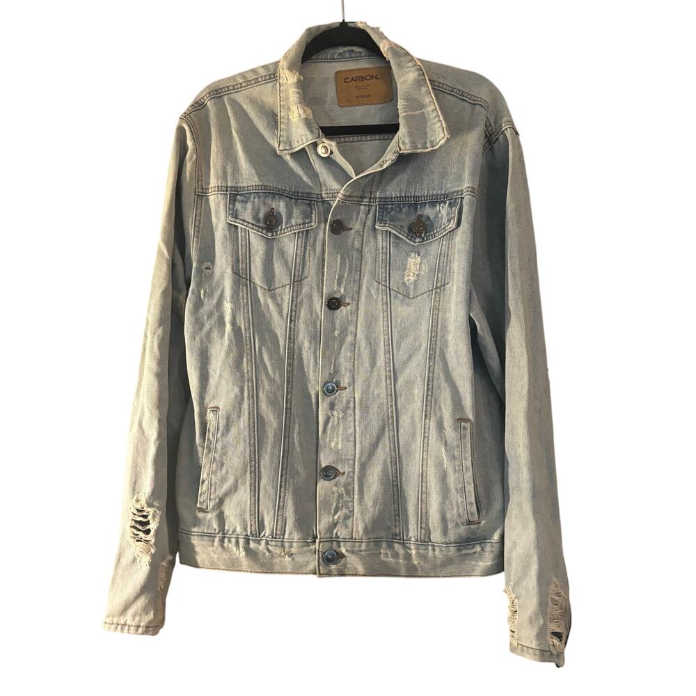 Carbon Heavily Distressed Denim Jacket XL Light Wash Zip Cuff Streetwear Goth